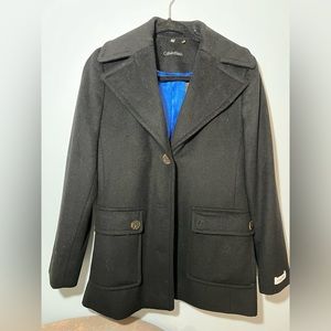 Calvin Klein wool coat, NWOT, blue satin lining.